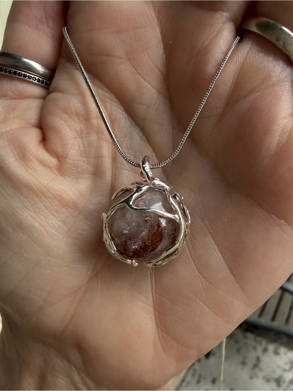 Handmade Free-Spinning Rutilated Quartz Sphere Pendant with Chain..